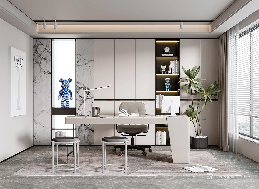 Modern Home Office Interior With White Desk Bookshelf Office Chair Plant And Marble Wall 3d model 