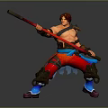 Shirtless red haired man holds long red staff in dynamic combat stance wearing red pants