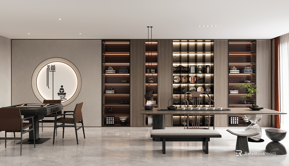 Traditional Tea Room Interior With Wooden Shelves Tea Sets Display And Seating Area 3d model 