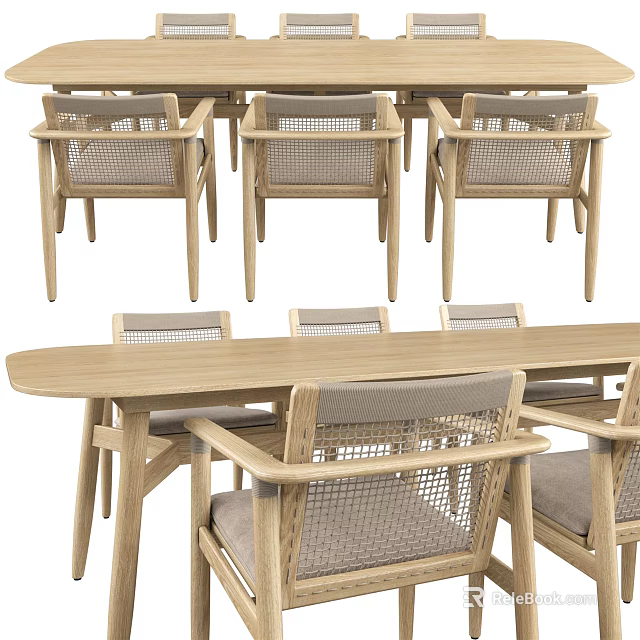 Natural Wooden Dining Table Set With Woven Rattan Chairs And Beige Cushions 3d model 
