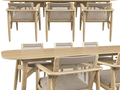 Natural Wooden Dining Table Set With Woven Rattan Chairs And Beige Cushions 3d model