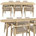 Natural Wooden Dining Table Set With Woven Rattan Chairs And Beige Cushions
