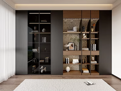 Modern Bookcase Design With Glass Door Cabinets Open Wooden Shelves And Decorative Items 3d model