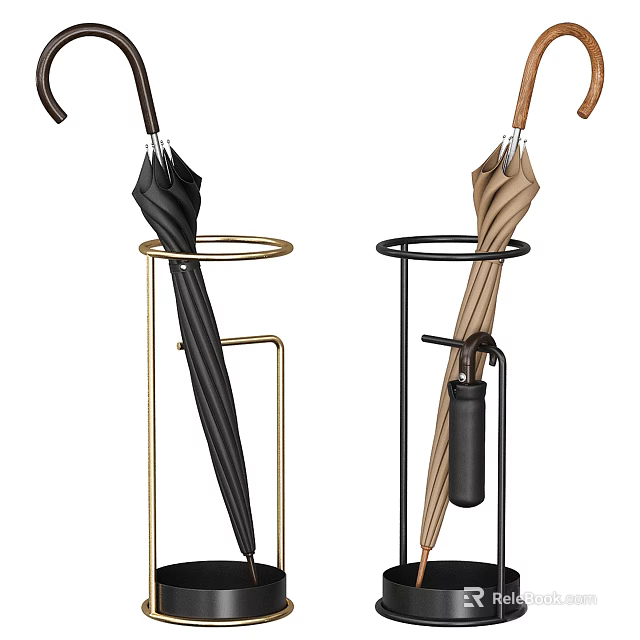 Modern Metal Umbrella Stand With Black And Beige Umbrellas For Home Use 3d model 
