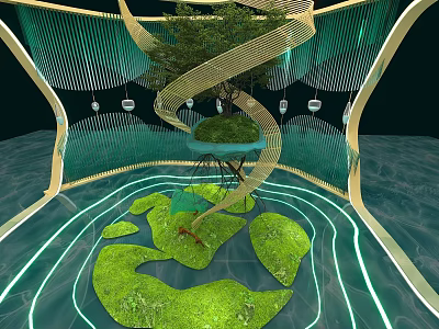 Lush Floral Installation Design With Spiral Structure Green Plants Mossy Ground And Lighting Lines 3d model