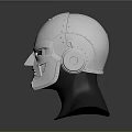 Silver Metallic Robot Head With Detailed Facial Features Against Gray Background