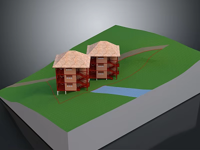 Two Red Buildings with Brown Roofs in Green Grass Area Near Small Stream 3d model
