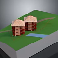 Two Red Buildings with Brown Roofs in Green Grass Area Near Small Stream