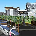 Modern Commercial Street Featuring Varied Building Roofs Open Spaces And Walkways