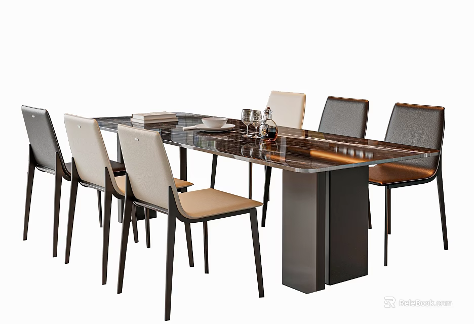 Modern Dining Table And Chair Set With Glass Top Upholstered Seats And Dark Legs 3d model 