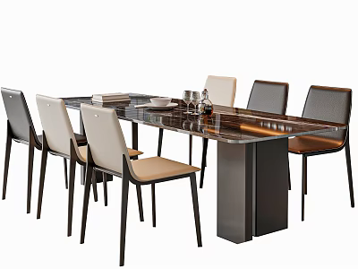 Modern Dining Table And Chair Set With Glass Top Upholstered Seats And Dark Legs 3d model