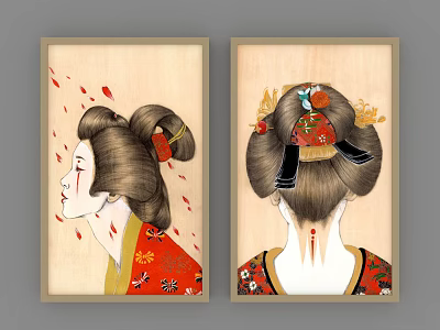 Traditional Geisha Portrait Paintings With Ornate Hairstyles Kimono And Wooden Frames 3d model