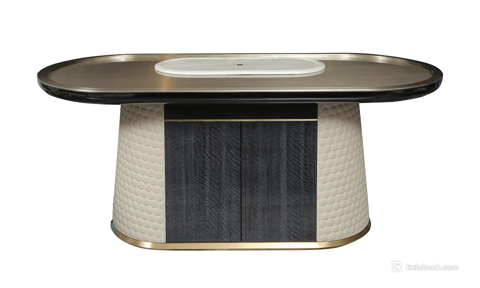 Modern Luxury Oval Dining Table With Brushed Metal Frame White Circular Top And Textured Base 3d model 