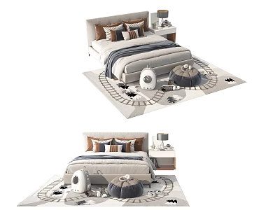 Cozy Kids Bed With Soft Mattress Decorative Pillows Play Rug And Storage Basket 3d model