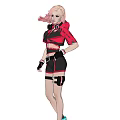 Woman with pink hair in red black outfit and headphones wearing stylish shorts with belt