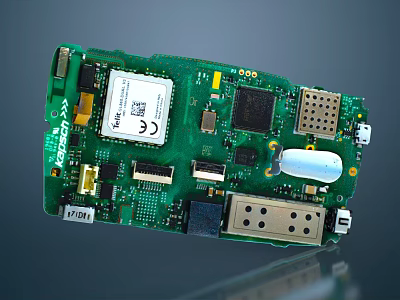 Detailed View Of Green Circuit Board With Electronic Chips And Connectors 3d model