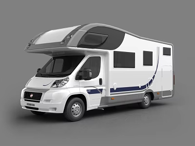 White RV Motorhome With Blue Accent Stripes And Roof Windows Exterior Design 3d model