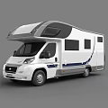 White RV Motorhome With Blue Accent Stripes And Roof Windows Exterior Design