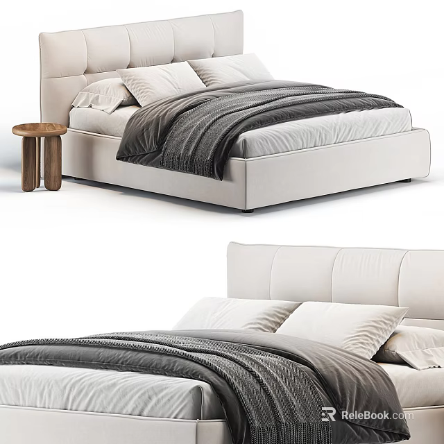 Modern Double Bed Design With Upholstered Headboard Neutral Bedding And Side Table 3d model 