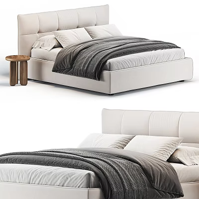 Modern Double Bed Design With Upholstered Headboard Neutral Bedding And Side Table 3d model