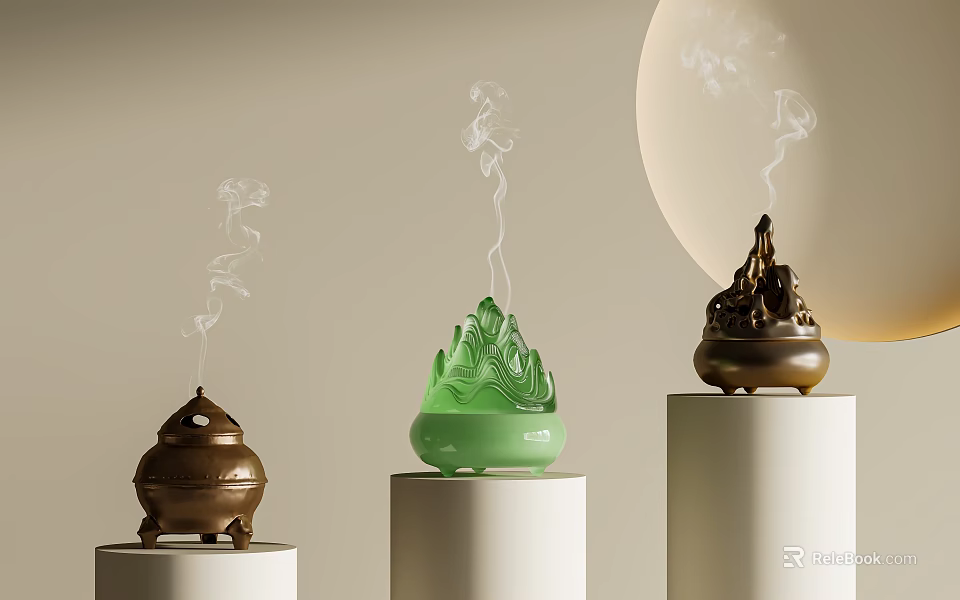 Decorative Ornament Set With Green And Brown Incense Burners On White Cylindrical Stands And Smoke 3d model 