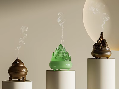 Decorative Ornament Set With Green And Brown Incense Burners On White Cylindrical Stands And Smoke 3d model