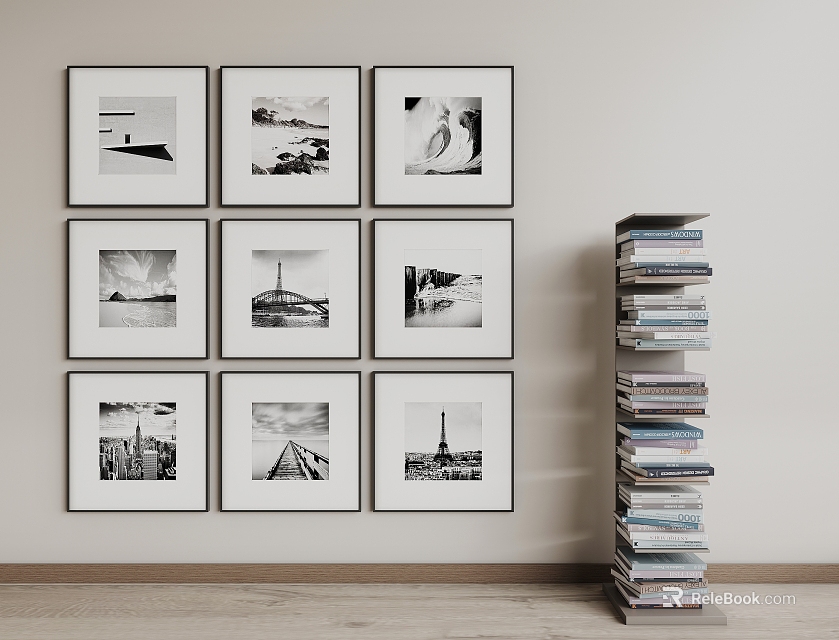 Black and White Framed Photos Wall Display Next to Stacked Books in Modern Interior 3d model 