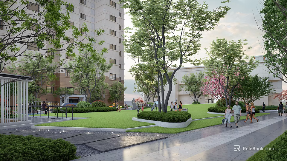 Residential Landscape Design with Apartment Buildings Lush Green Trees Open Lawn and People Walking Path 3d model 