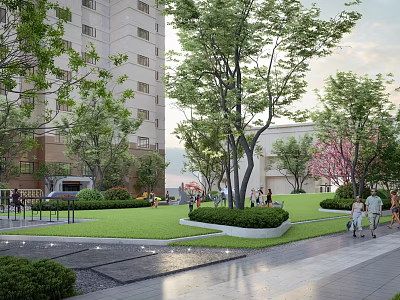 Residential Landscape Design with Apartment Buildings Lush Green Trees Open Lawn and People Walking Path 3d model