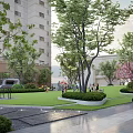 Residential Landscape Design with Apartment Buildings Lush Green Trees Open Lawn and People Walking Path