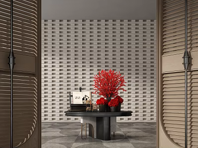 Modern Hotel Lobby Interior With Louvered Walls Red Flowers Black Table And Gray Floor Tiles 3d model
