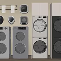 Modern Gray And White Stackable And Side By Side Washing Machines With Laundry Accessories 3d model