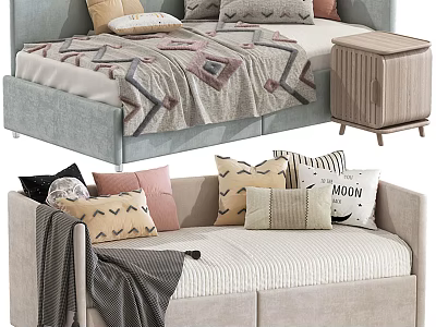 Decorative Sofa Bed Interior With Colorful Pillows Soft Blanket And Wooden Side Table 3d model