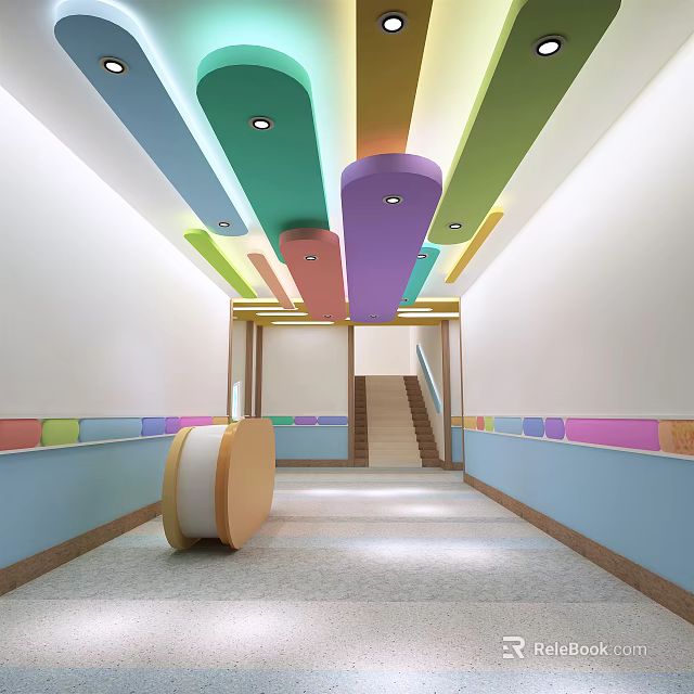Colorful Children Corridor With Staircase And Decorative Ceiling Strips 3d model