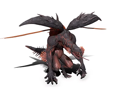 Fierce Mythical Dragon Creature With Black Wings And Red Claws Crouching Menacingly 3d model