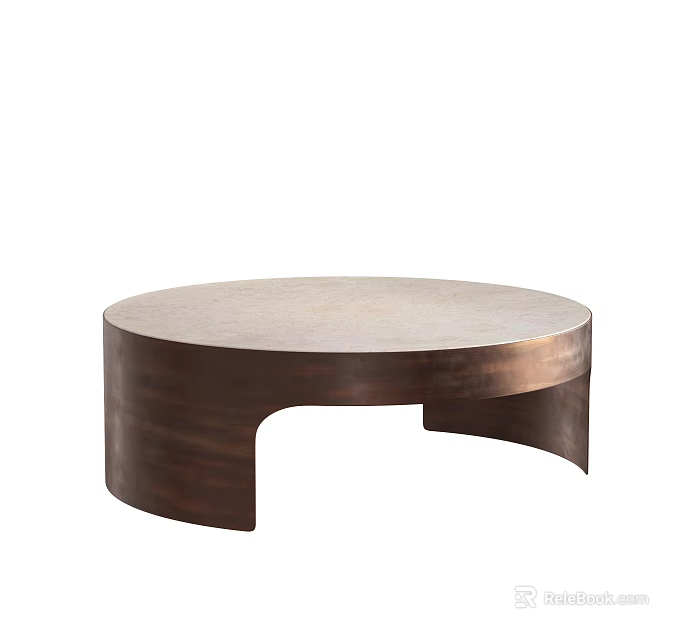 Round Modern Coffee Table With Light Colored Surface And Bronze Metal Curved Base 3d model
