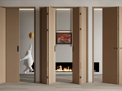 Modern Interior With Wooden Folding Doors Connecting Open Space And Fireplace Area 3d model