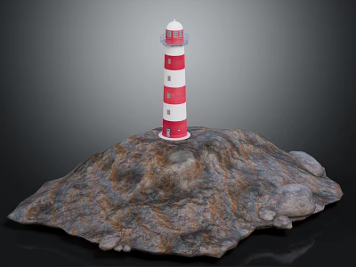 Red and white striped lighthouse tower on rocky coastal terrain with windows and white lantern 3d model