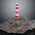 Red and white striped lighthouse tower on rocky coastal terrain with windows and white lantern