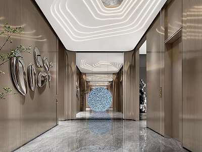 Modern Luxury Elevator Hallway Interior With Wooden Walls Marble Flooring Geometric Ceiling And Decorative Sculptures 3d model