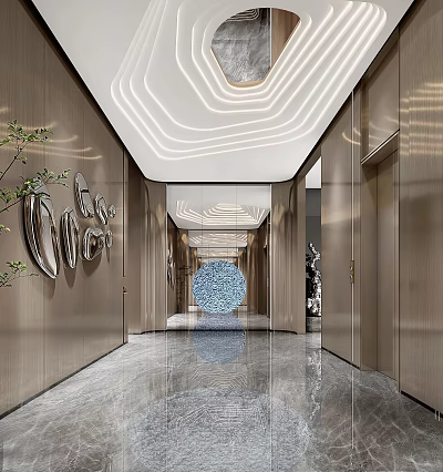 Modern Luxury Elevator Hallway Interior With Wooden Walls Marble Flooring Geometric Ceiling And Decorative Sculptures 3d model