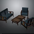 Modern Living Room Furniture Collection With Blue Sofa Wooden Armchairs And Coffee Table