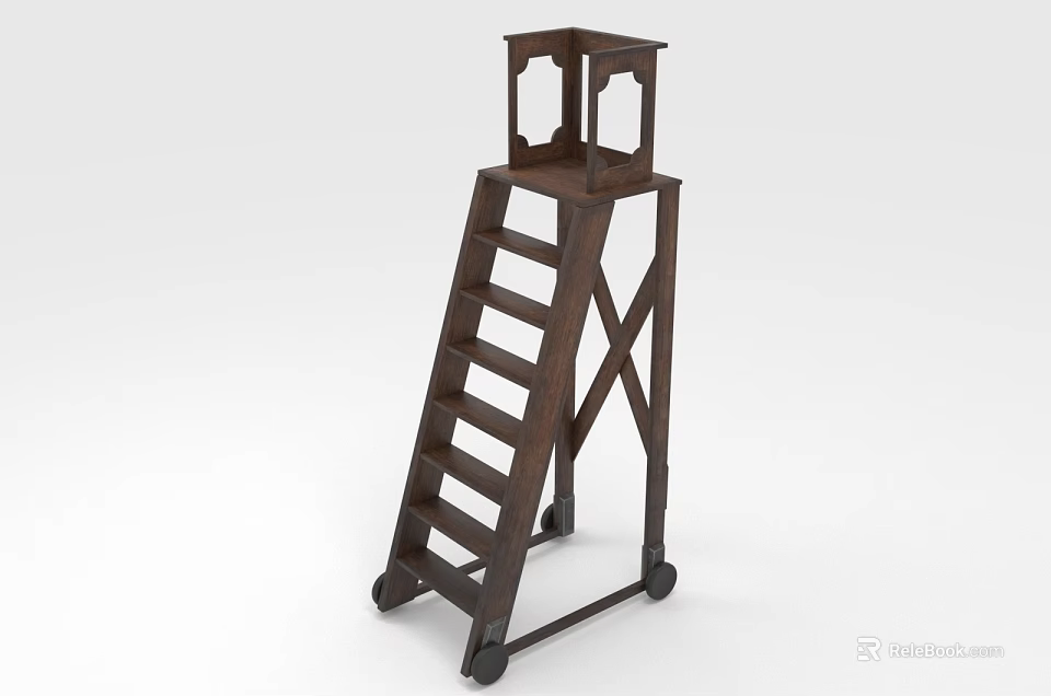 Vintage Wooden Ladder With Wheels Multiple Steps And Top Platform Design 3d model 