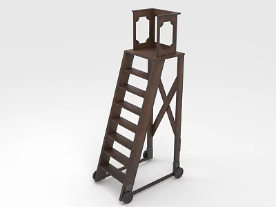 Vintage Wooden Ladder With Wheels Multiple Steps And Top Platform Design 3d model