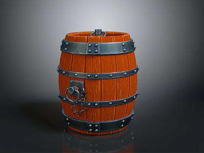 Wooden Barrel With Metal Hoops Lock And Decorative Metal Fittings 3d model