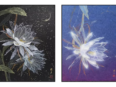 Night Blooming Flowers Artwork With Moon And Blue Black Background 3d model