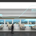 Tech Exhibition Hall With Interactive Seats Screens Displaying Cityscape Blue Lines And Text 3d model