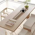 Minimalist Wooden Tea Table and Chairs with Tea Set and Small Potted Plant