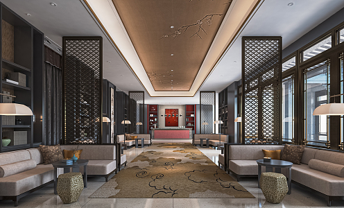 New Chinese Reception Area Sales Department Hall Reception Hall Lobby Front Desk Sand Plate Area Sales Department Chandelier Negotiation Area 3d model