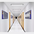 Public Office Area Corridor Featuring White Walls Wooden Doors Blue Framed Displays And Linear Lights